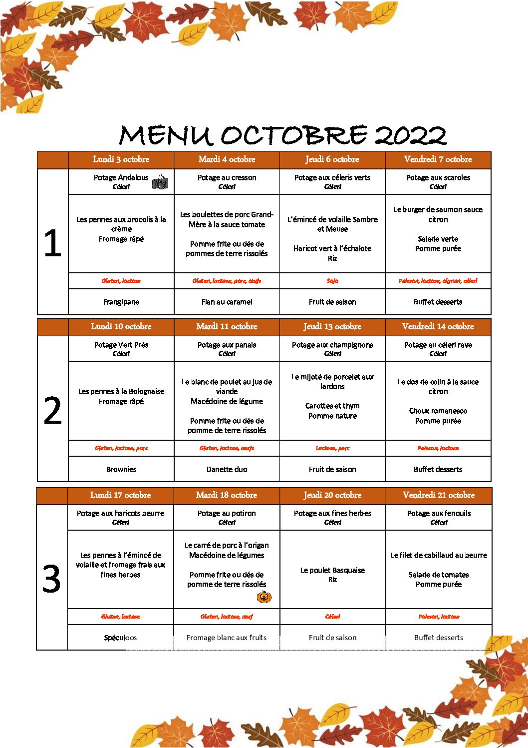 Menu Octobre 2022