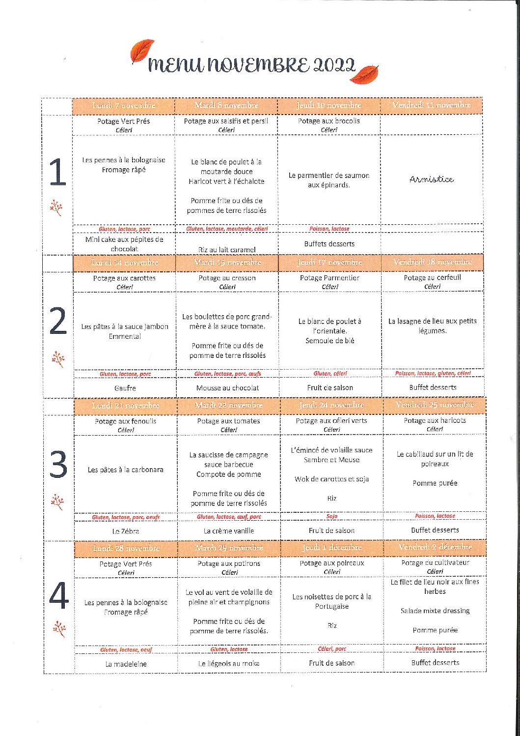 MENU NOVEMBRE 2022