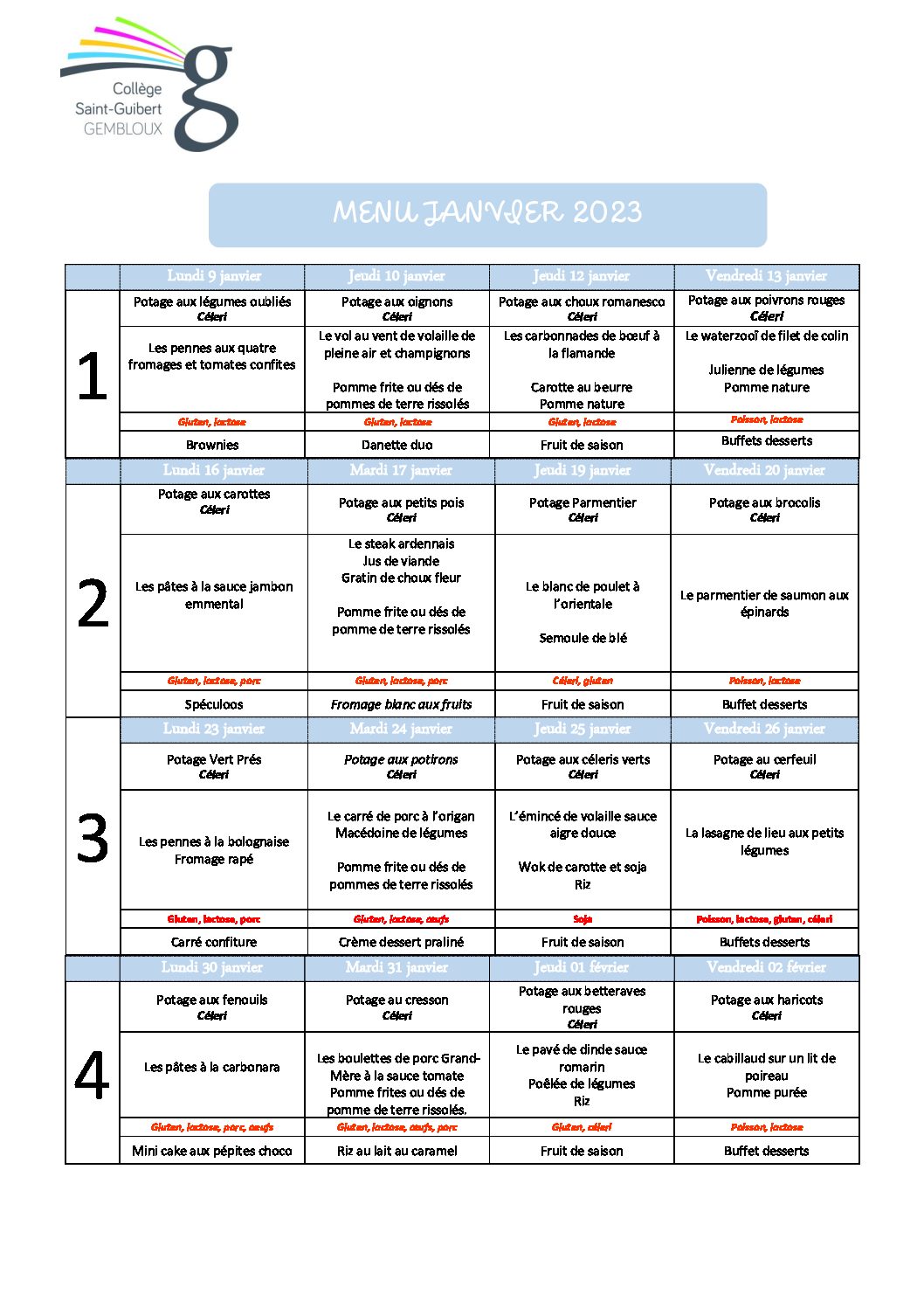 Menu Janvier 2023